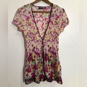 Dana Taylor Women's Blouse Multicolor Sheer Short Sleeve Button Up Floral Size S